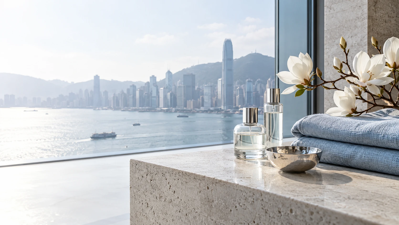 海港窗景前的藍白色織品、芳香油與銀色托盤